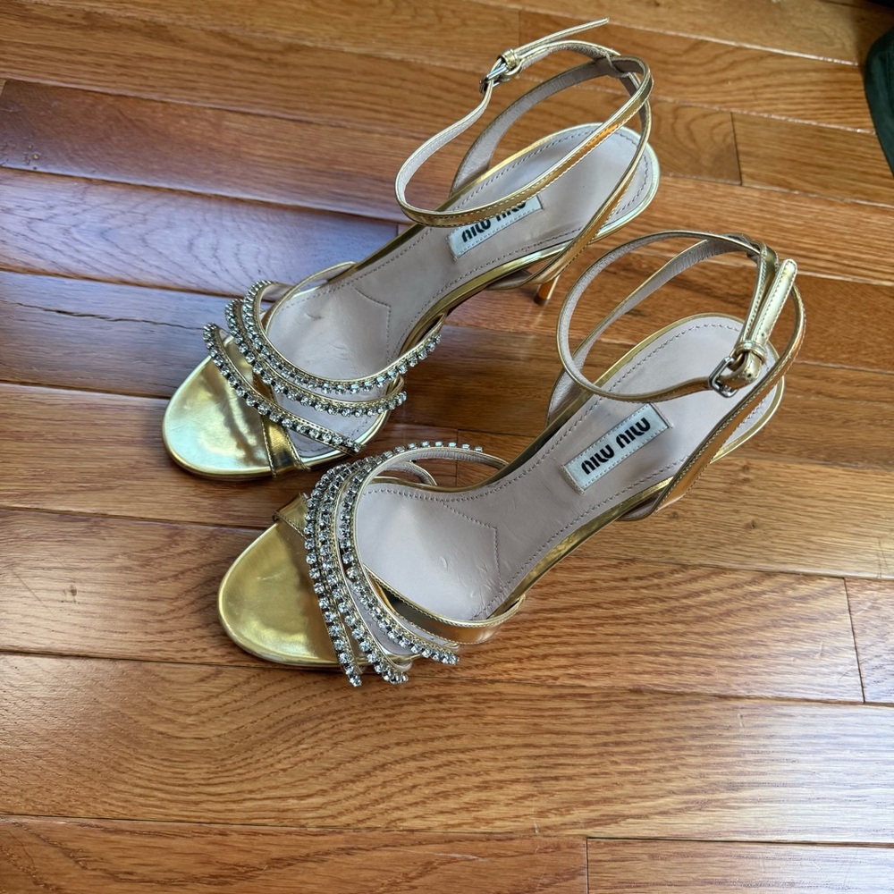Pre-owned Miu Miu Gold Crystal Embellished Heels 38.5 - Picture 4 of 13